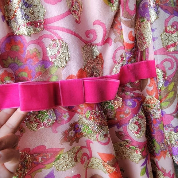 Vintage Handmade Custome Japanese Asian Pink Gold Flowering Long Dress Pink Bow - Picture 4 of 15